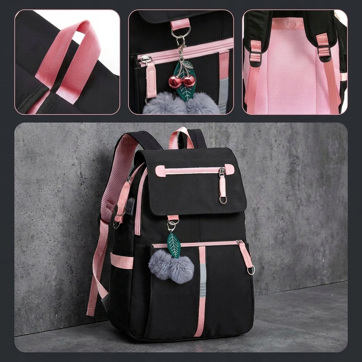 SCHOOL BACKPACK XL USB SATCHEL YOUTH PADLOCK SET BLACK ROOMY Packaging status original
