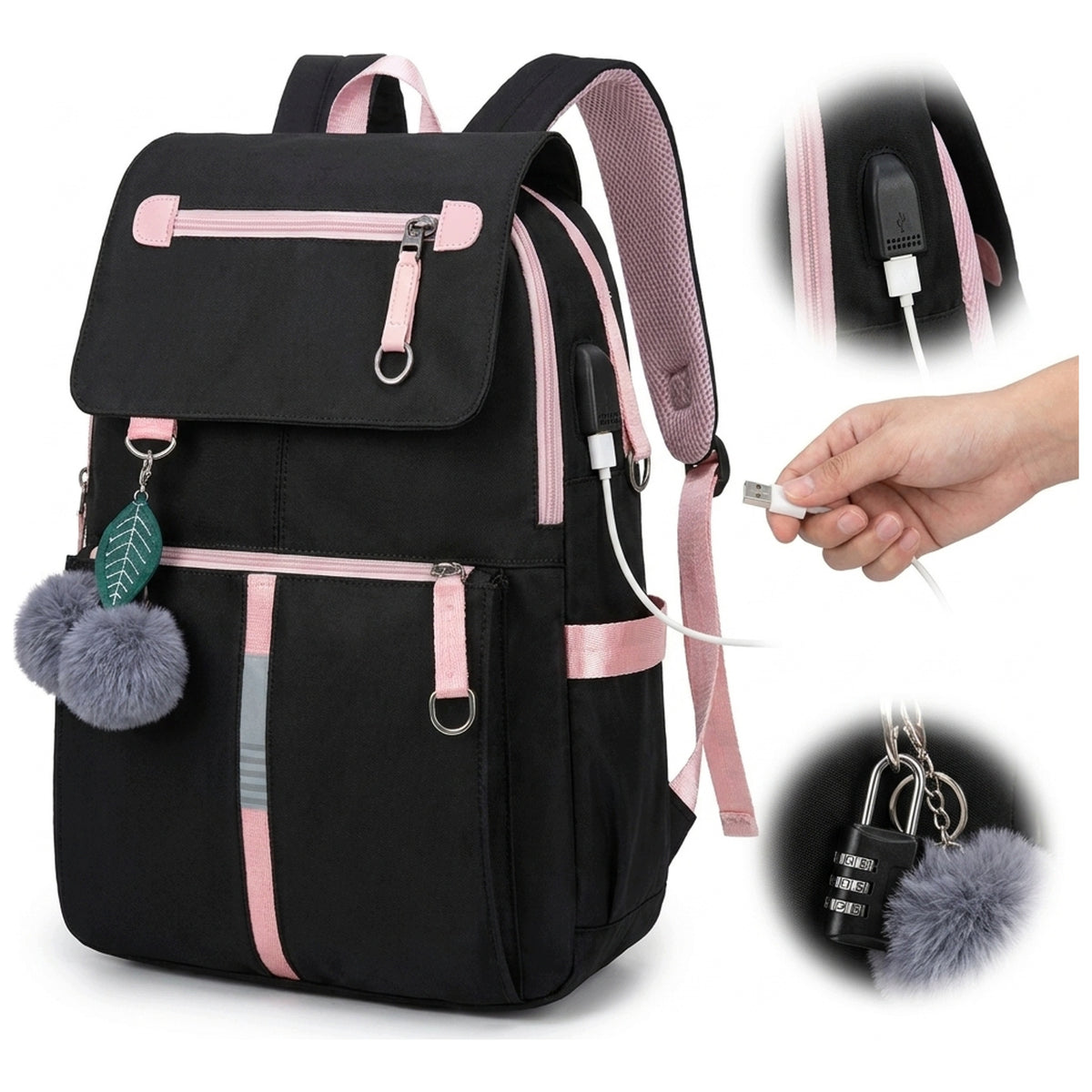 SCHOOL BACKPACK XL USB SATCHEL YOUTH PADLOCK SET BLACK ROOMY