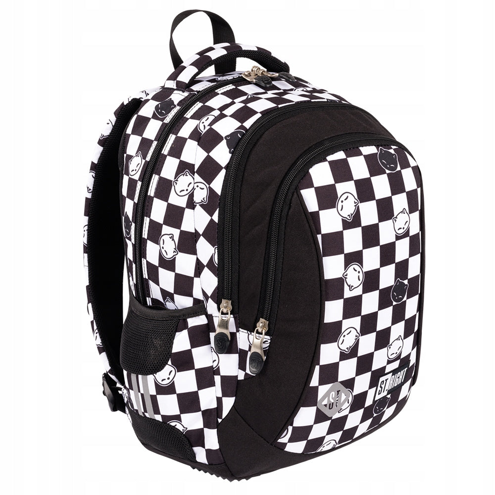 SCHOOL BACKPACK YOUTH 3-CHAMBER TRELLIS BLACK AND WHITE MAYAN CATS