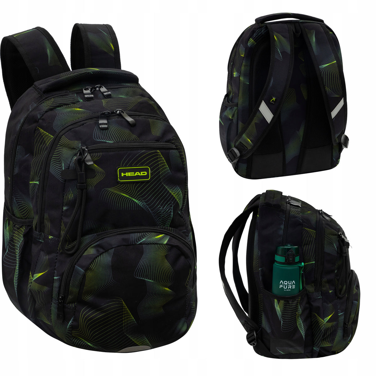 SCHOOL BACKPACK YOUTH BLACK GREEN WAVE HEAD ASTRA