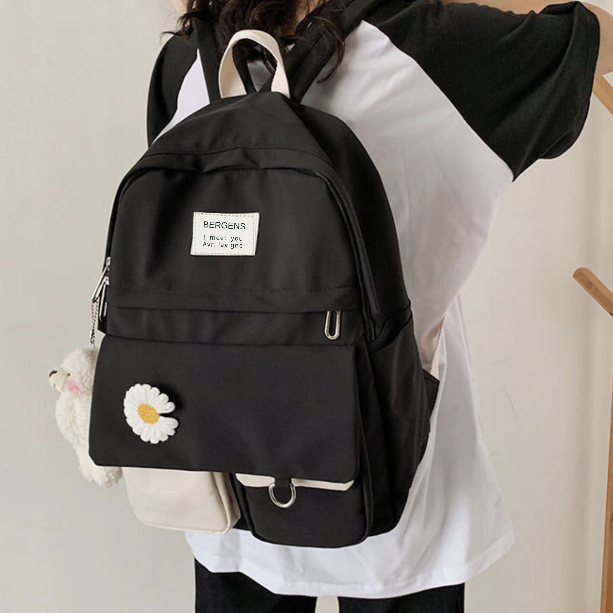 SCHOOL BACKPACK YOUTH LUNCH BOX PENCIL CASE BAG FOR GIRLS BLACK 6in1 Brand Bergens