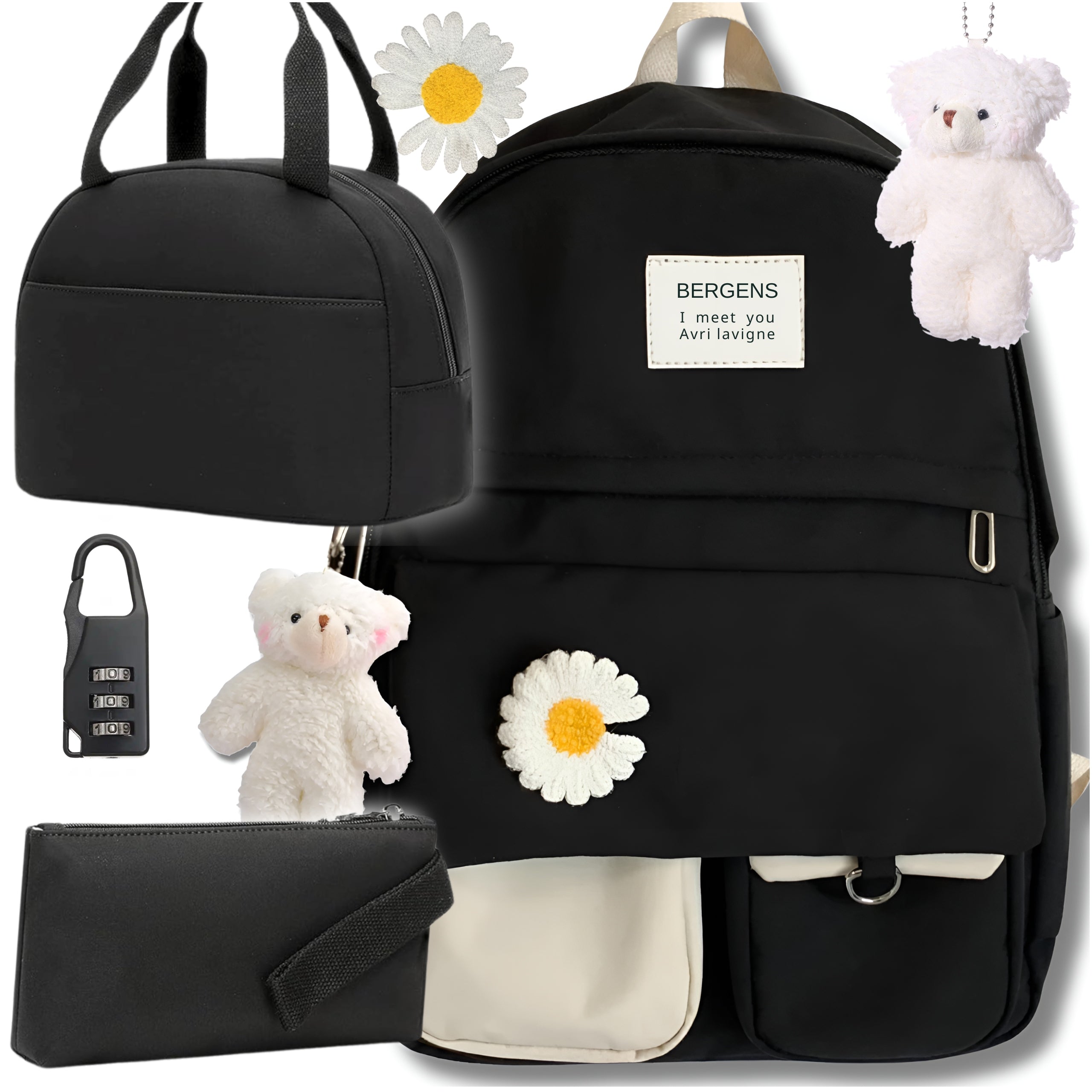 SCHOOL BACKPACK YOUTH LUNCH BOX PENCIL CASE BAG FOR GIRLS BLACK 6in1