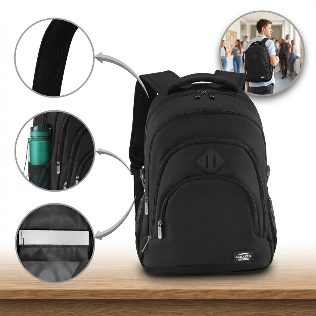 SCHOOL BACKPACK YOUTH MEN'S SATCHEL BLACK SPORTS ROOMY STYLISH