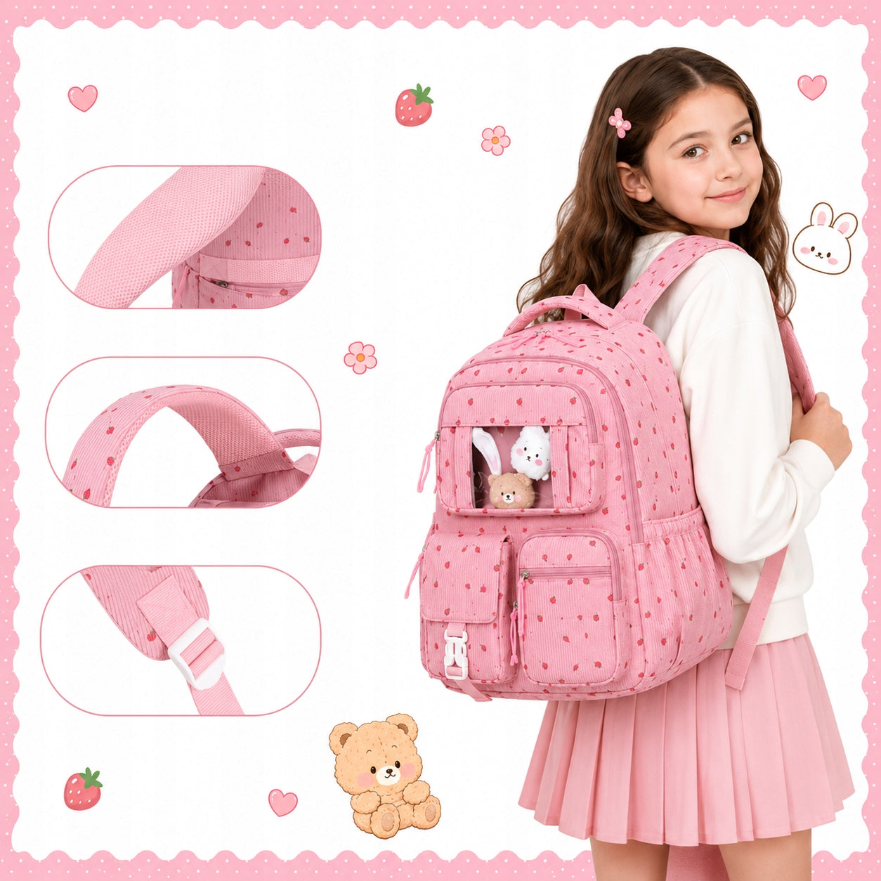 SCHOOL BACKPACK YOUTH PENCIL CASE LUNCHBOX BREAKFAST STRAWBERRY SET Brand Bergens