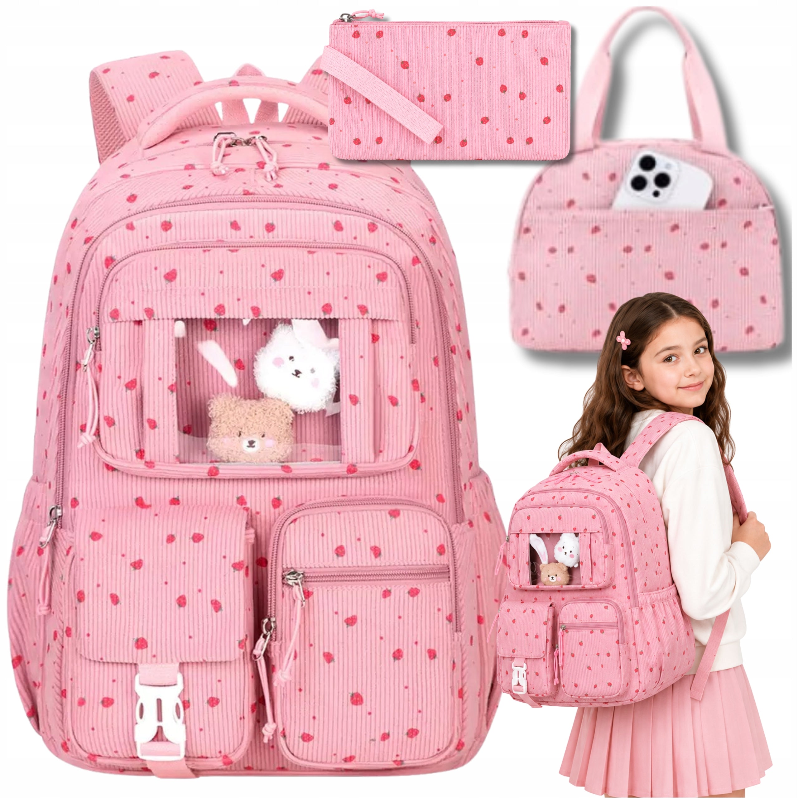 SCHOOL BACKPACK YOUTH PENCIL CASE LUNCHBOX BREAKFAST STRAWBERRY SET