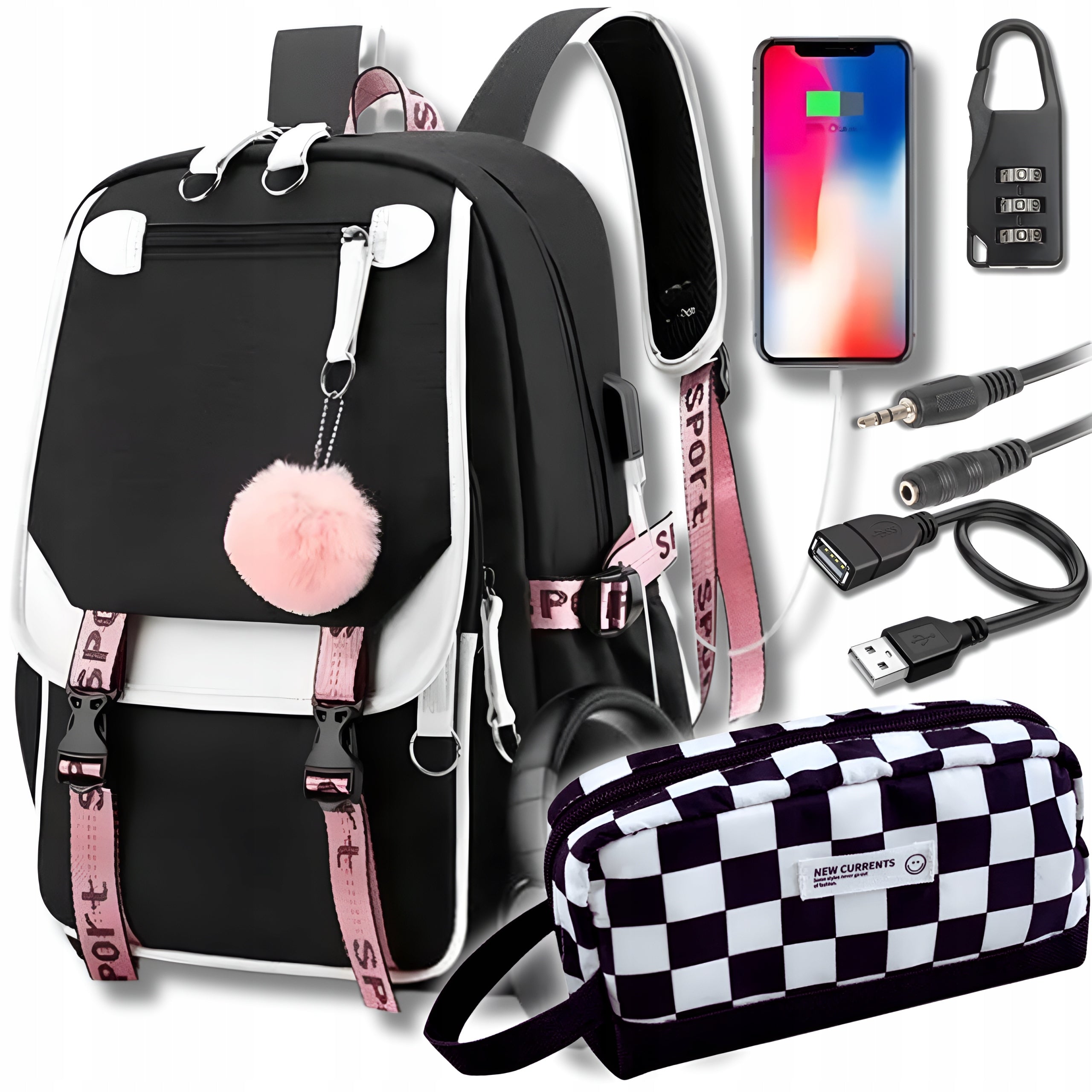 SCHOOL BACKPACK + YOUTH PENCIL CASE MULTI-CHAMBER BLACK USB KEYCHAIN 6in1