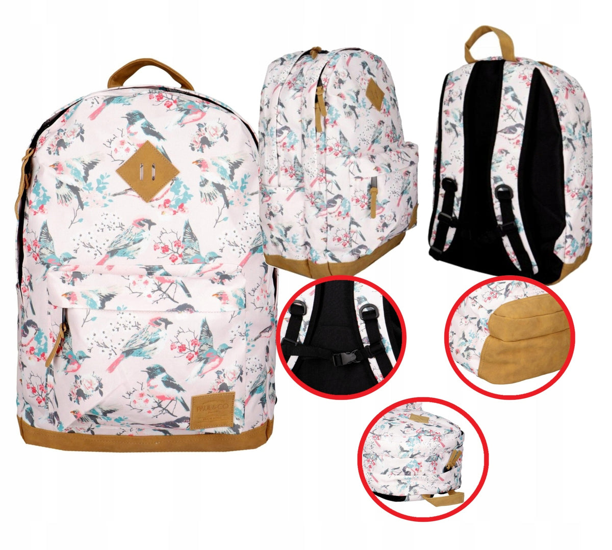 SCHOOL BACKPACK YOUTH PINK PAUL & CO VINTAGE PATTERN BIRDS