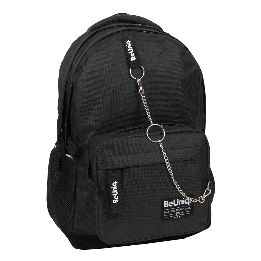 SCHOOL BACKPACK YOUTH SATCHEL BeUniq BLACK with chain