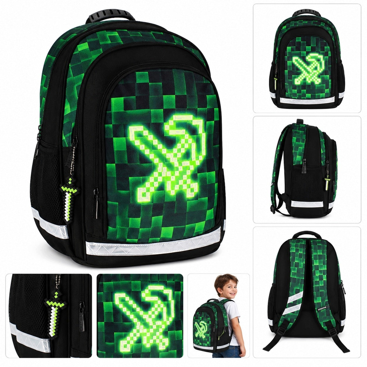 SCHOOL BACKPACK YOUTH SATCHEL MINECRAFT PIXELS FOR BOY COMFORTABLE