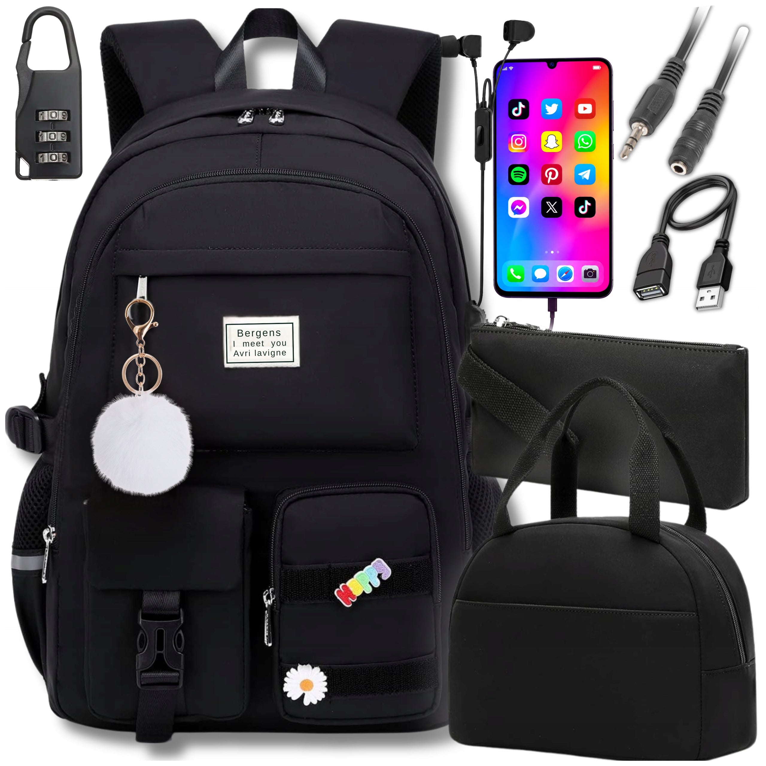 SCHOOL BACKPACK YOUTH SATCHEL PENCIL CASE LUNCHBOX BREAKFAST C BLACK