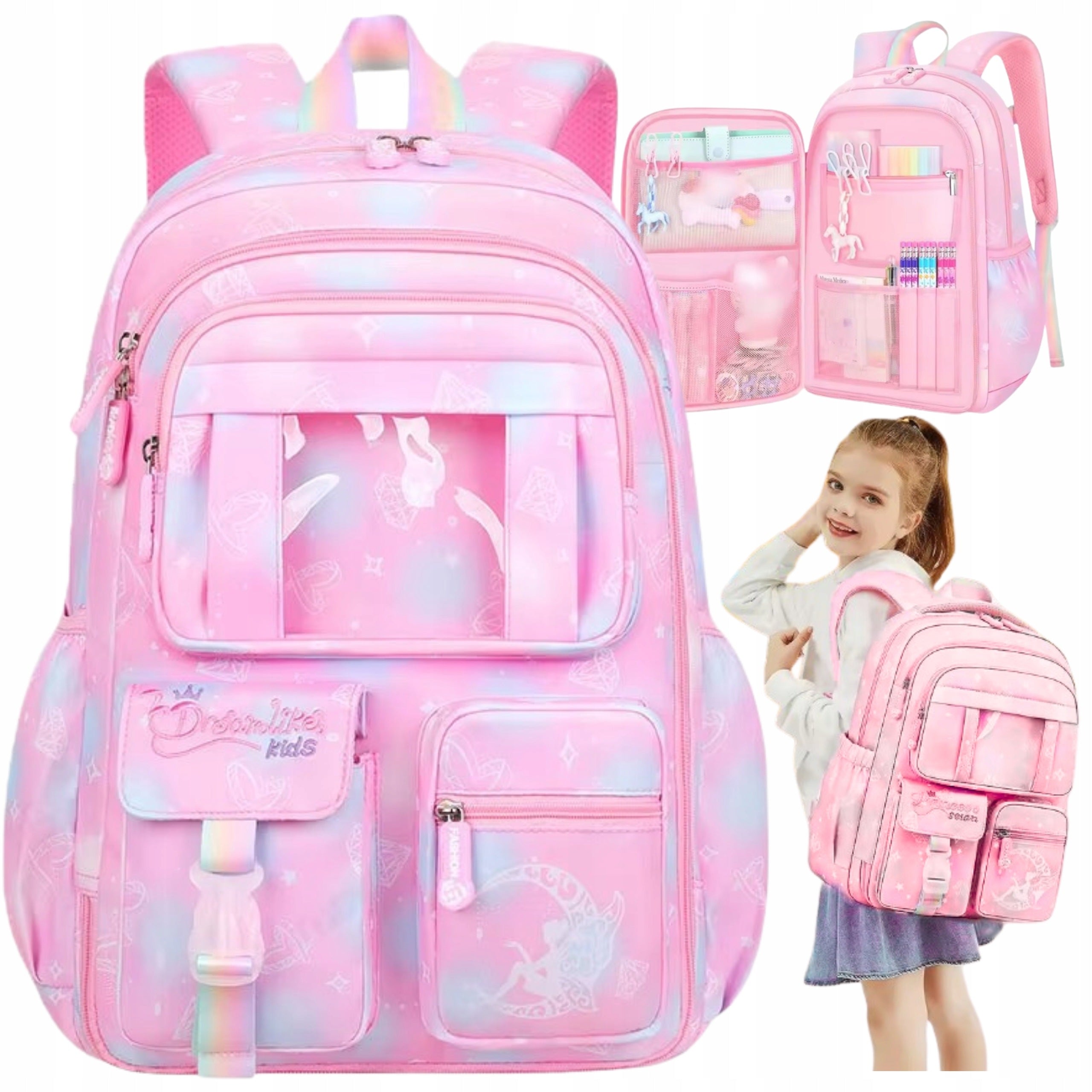 SCHOOL BACKPACK YOUTH SATCHEL ROOMY FOR GIRLS CLASS 1-3 PINK