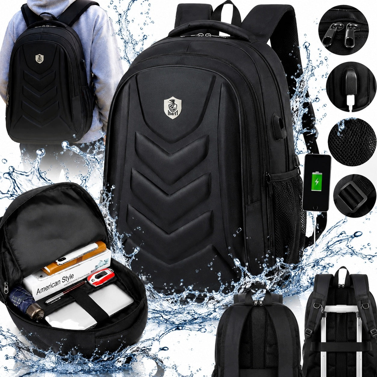 SCHOOL BACKPACK YOUTH USB WATERPROOF 17L LAPTOP BLACK A4
