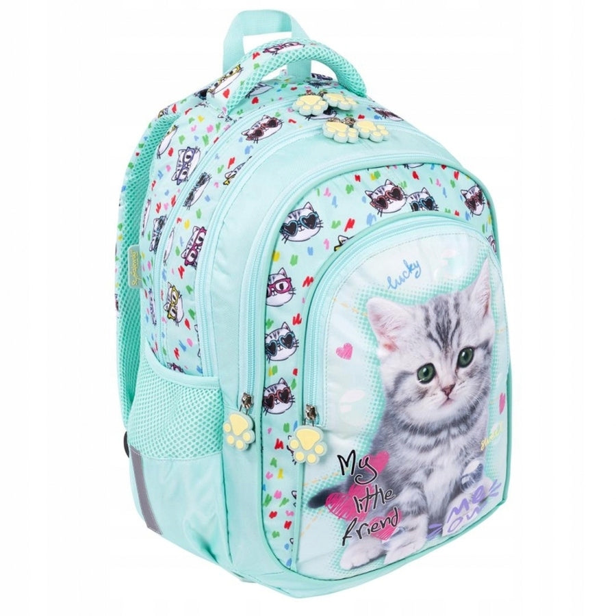 SCHOOL KITTY BACKPACK WITH GREY CAT 4-CHAMBER MY LITTLE FRIEND MINT KI