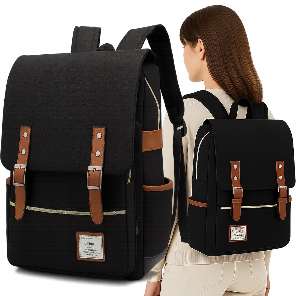SCHOOL OXFORD BACKPACK FOR CITY LAPTOP 15,6" RETRO CASUAL VINTAGE BLACK