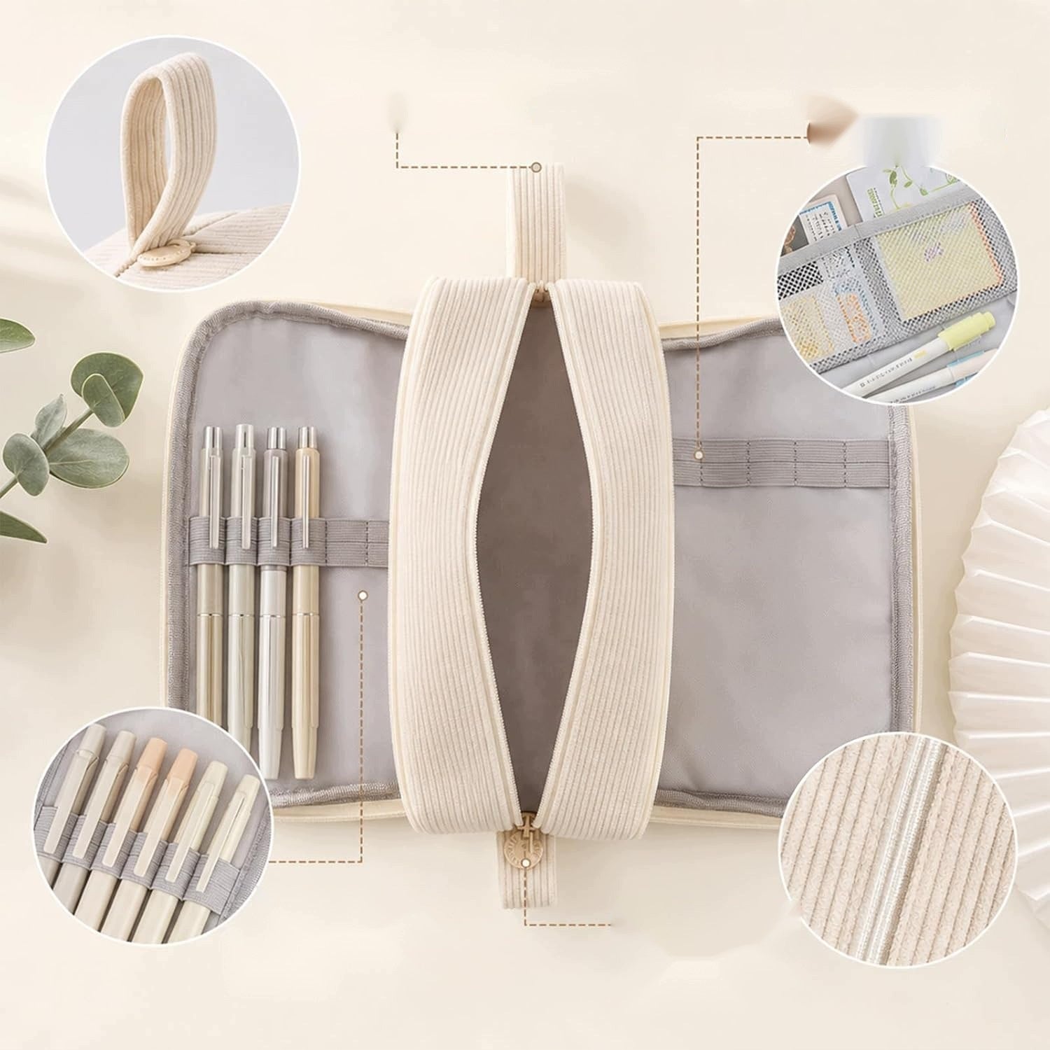 SCHOOL PENCIL CASE LARGE BEIGE CORDUROY 3 COMPARTMENTS COSMETIC BAG OFFICE TRAVEL Manufacturer code 5908140162426
