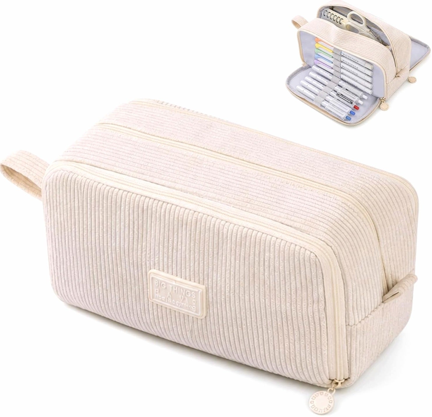 SCHOOL PENCIL CASE LARGE BEIGE CORDUROY 3 COMPARTMENTS COSMETIC BAG OFFICE TRAVEL