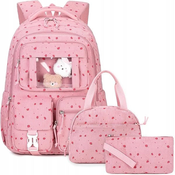 SCHOOL SET BACKPACK PENCIL CASE LUNCHBOX STRAWBERRIES LARGE A4 4IN1 FOR GIRLS