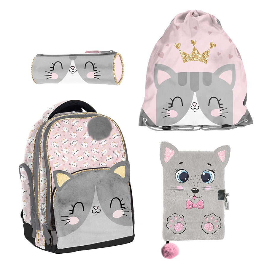 SCHOOL SET PASO KITTEN PINK BACKPACK PENCIL CASE BAG DIARY GIRL