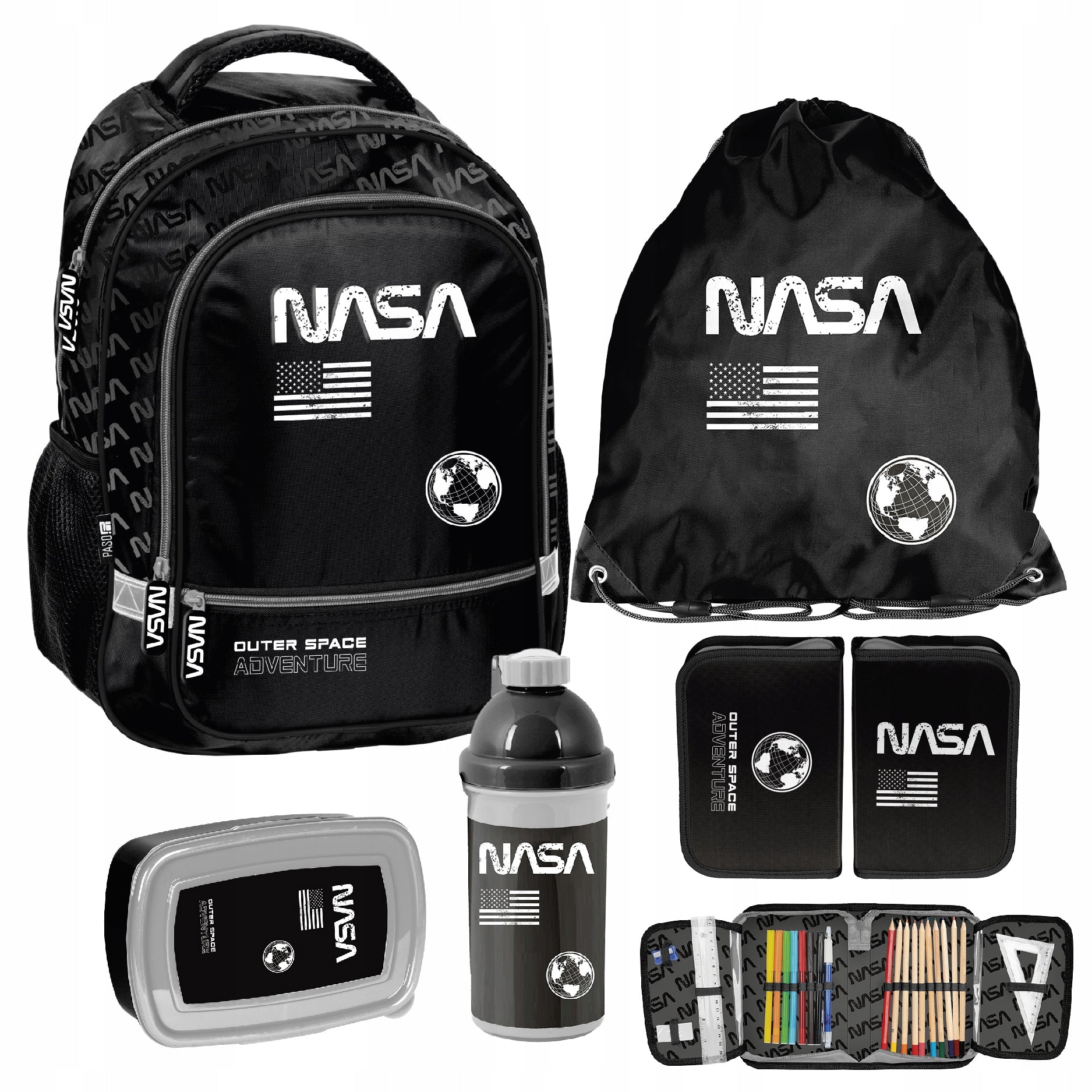 SCHOOL SET PASO NASA BACKPACK BAG PENCIL CASE WATER BOTTLE BREAKFAST BLACK