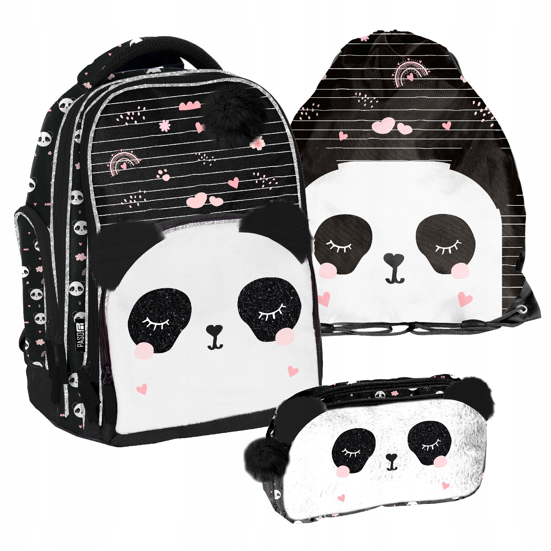 SCHOOL SET PASO PANDA BACKPACK BAG PENCIL CASE PLUSH GIRLS BLACK