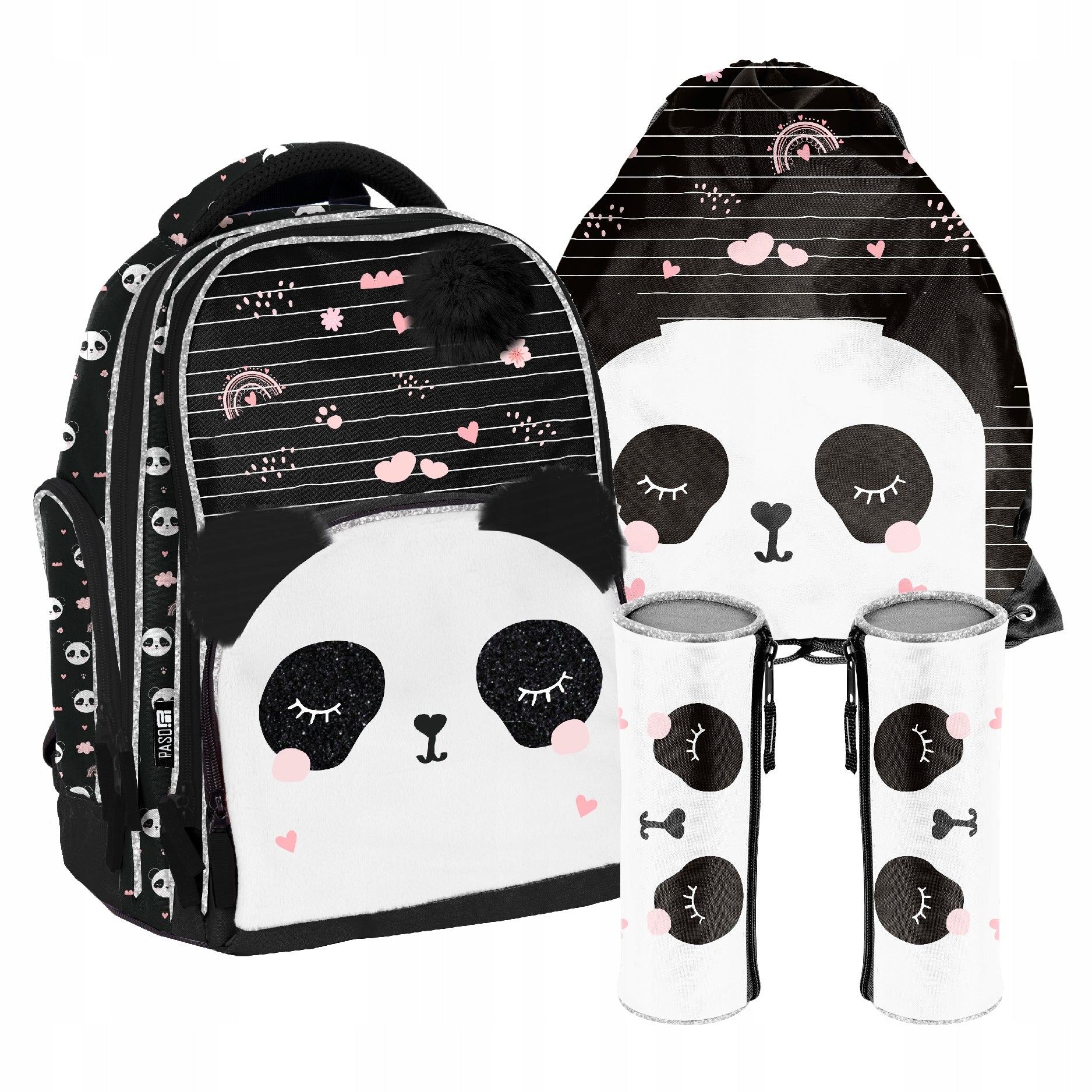 SCHOOL SET PASO PANDA BACKPACK PLUSH BAG PENCIL CASE GIRLS BLACK