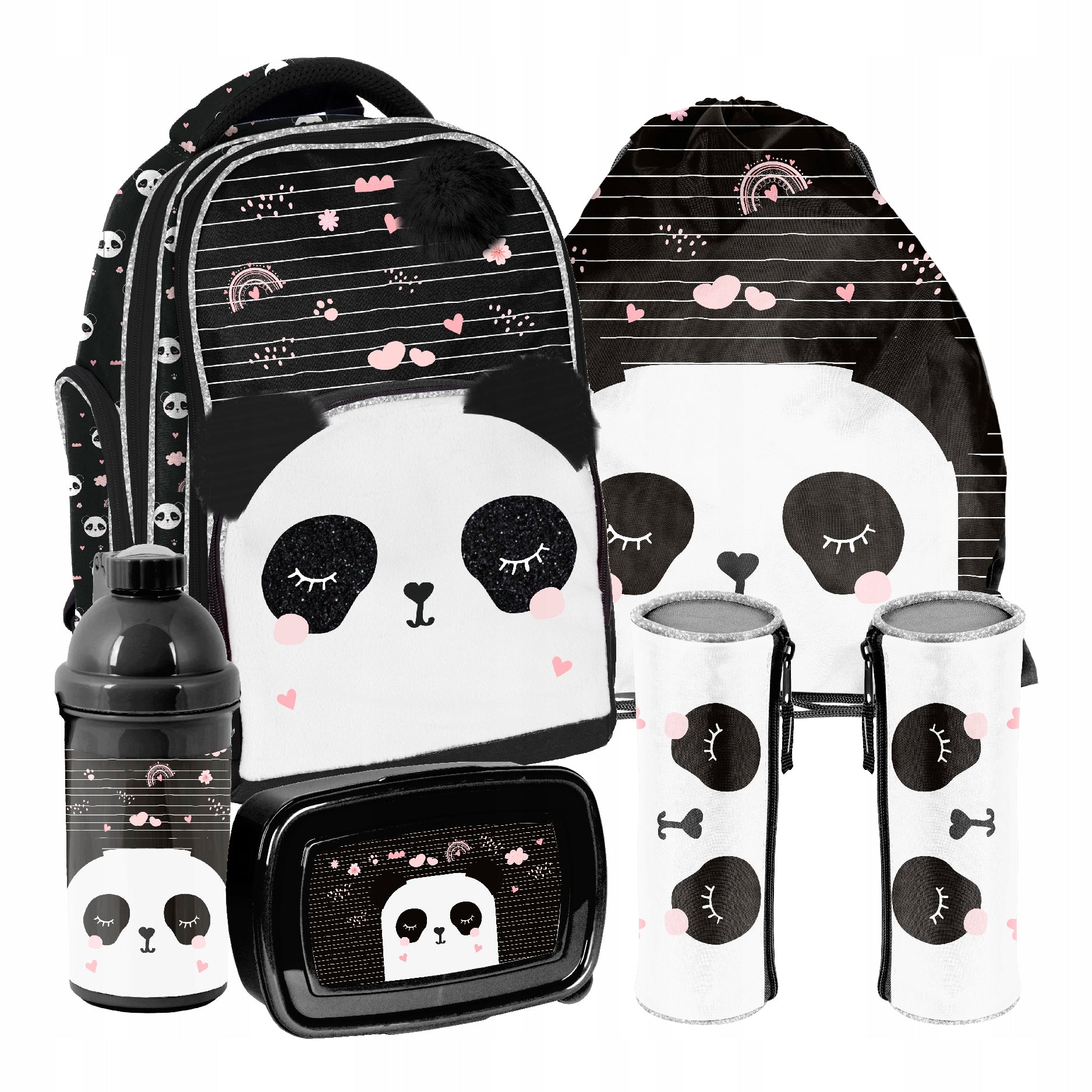 SCHOOL SET PASO PANDA BACKPACK PLUSH BAG PENCIL CASE WATER BOTTLE BREAKFAST