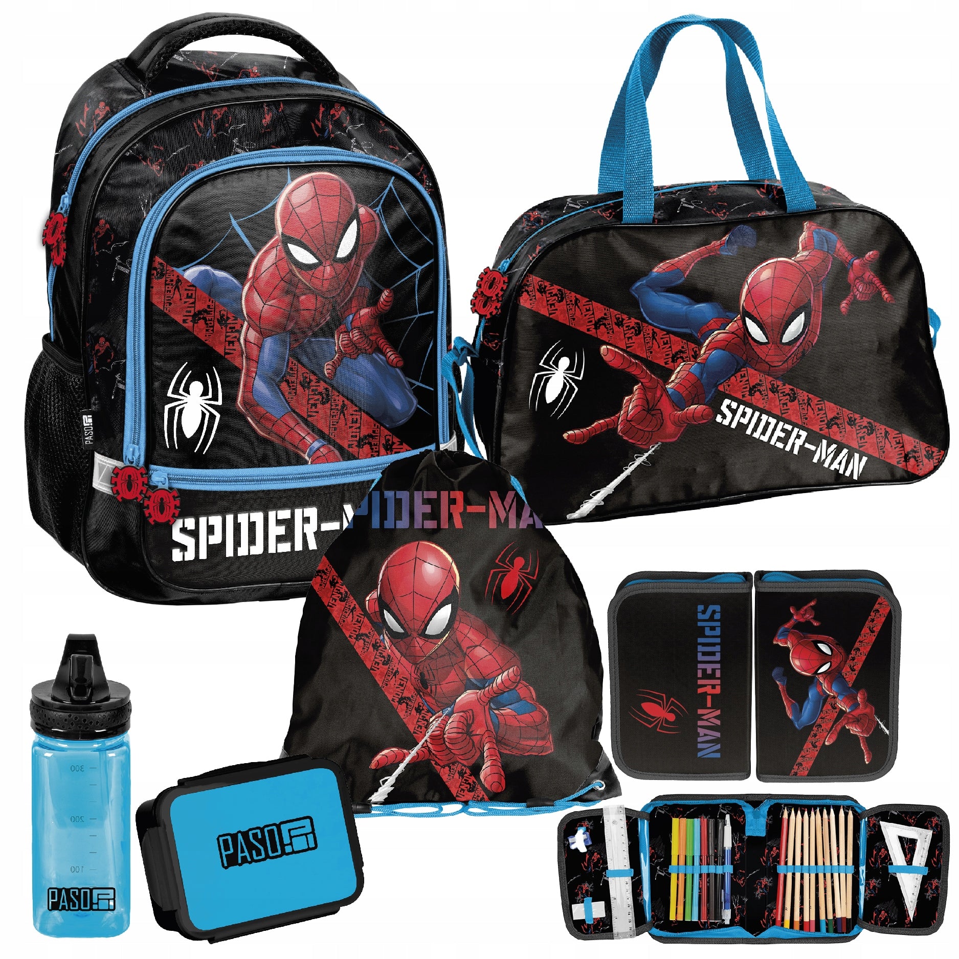 SCHOOL SET PASO SPIDER-MAN BACKPACK BAG PENCIL CASE BAG WATER BOTTLE BLACK