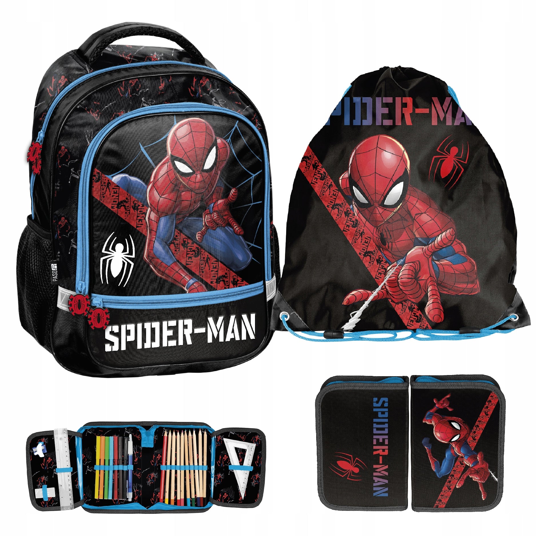 SCHOOL SET PASO SPIDER-MAN BACKPACK BAG PENCIL CASE BLACK FOR BOY