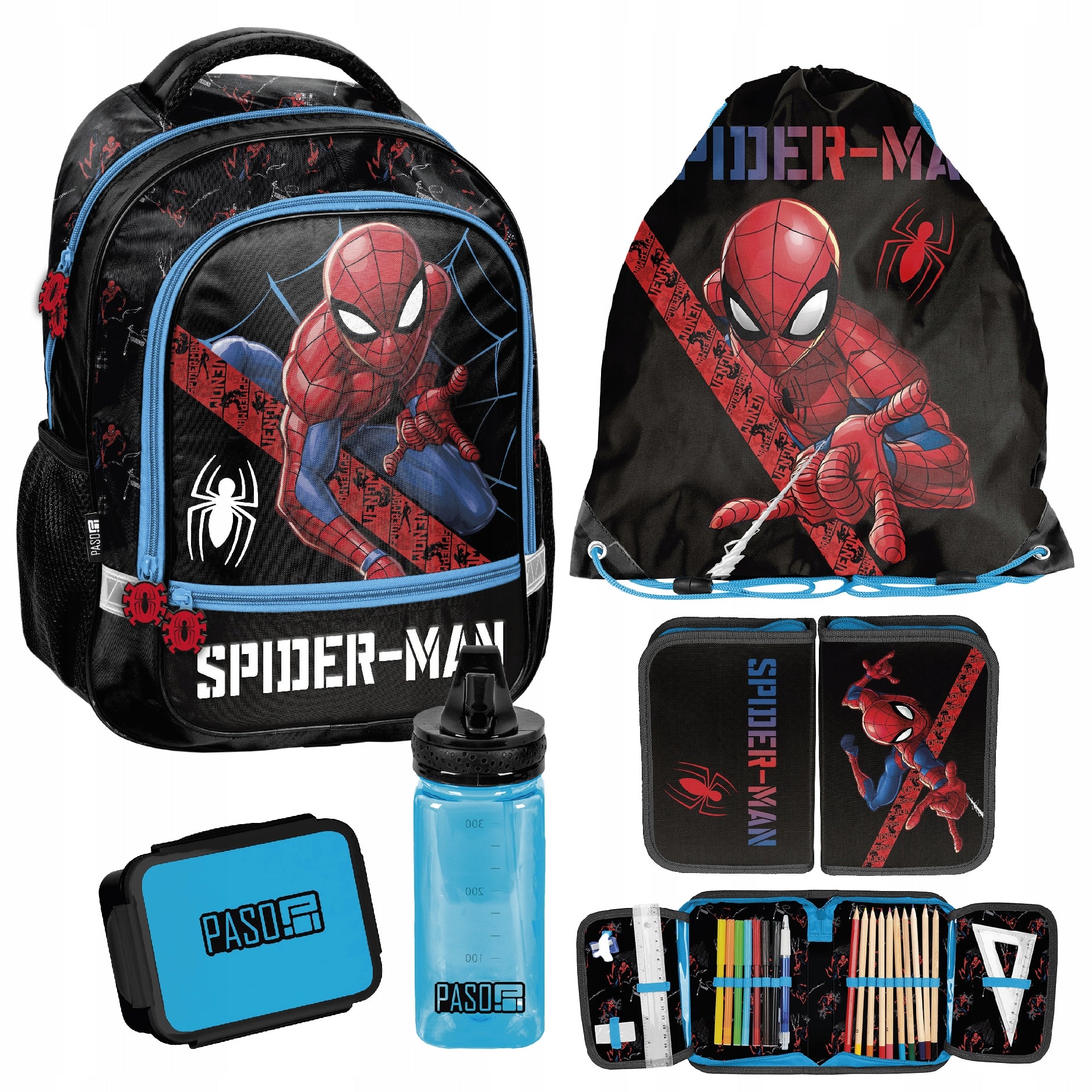 SCHOOL SET PASO SPIDER-MAN BACKPACK PENCIL CASE BAG WATER BOTTLE BREAKFAST