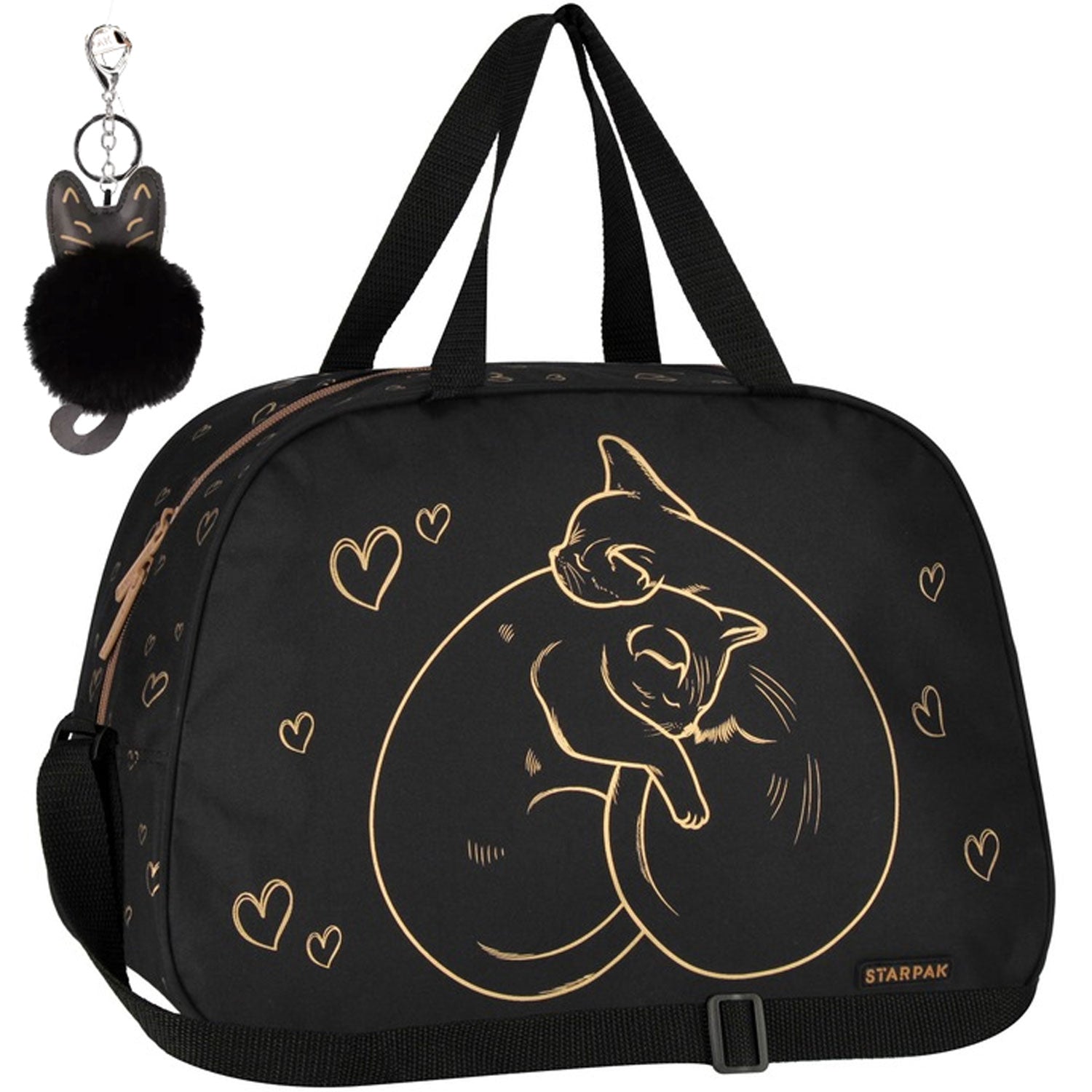 SCHOOL SPORTS BAG FOR SWIMMING POOL WF FOR GIRLS BLACK KITTENS GOLD HEART