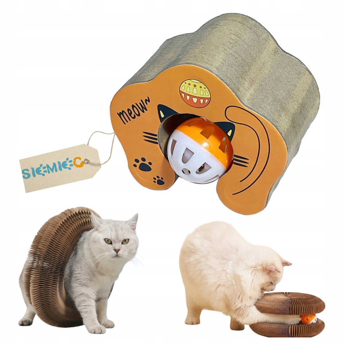 SCRATCHING POST CAT TOY WITH BALL 2IN1 CORRUGATED CARDBOARD FOLDING SIEMIEC