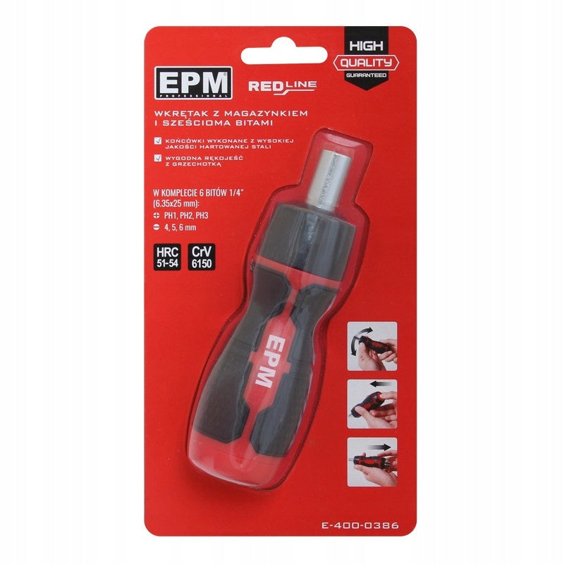 SCREWDRIVER WITH MAGAZINE BITS RED LINE 6 PCS. E-400-0386 EPM Manufacturer code E-400-0386
