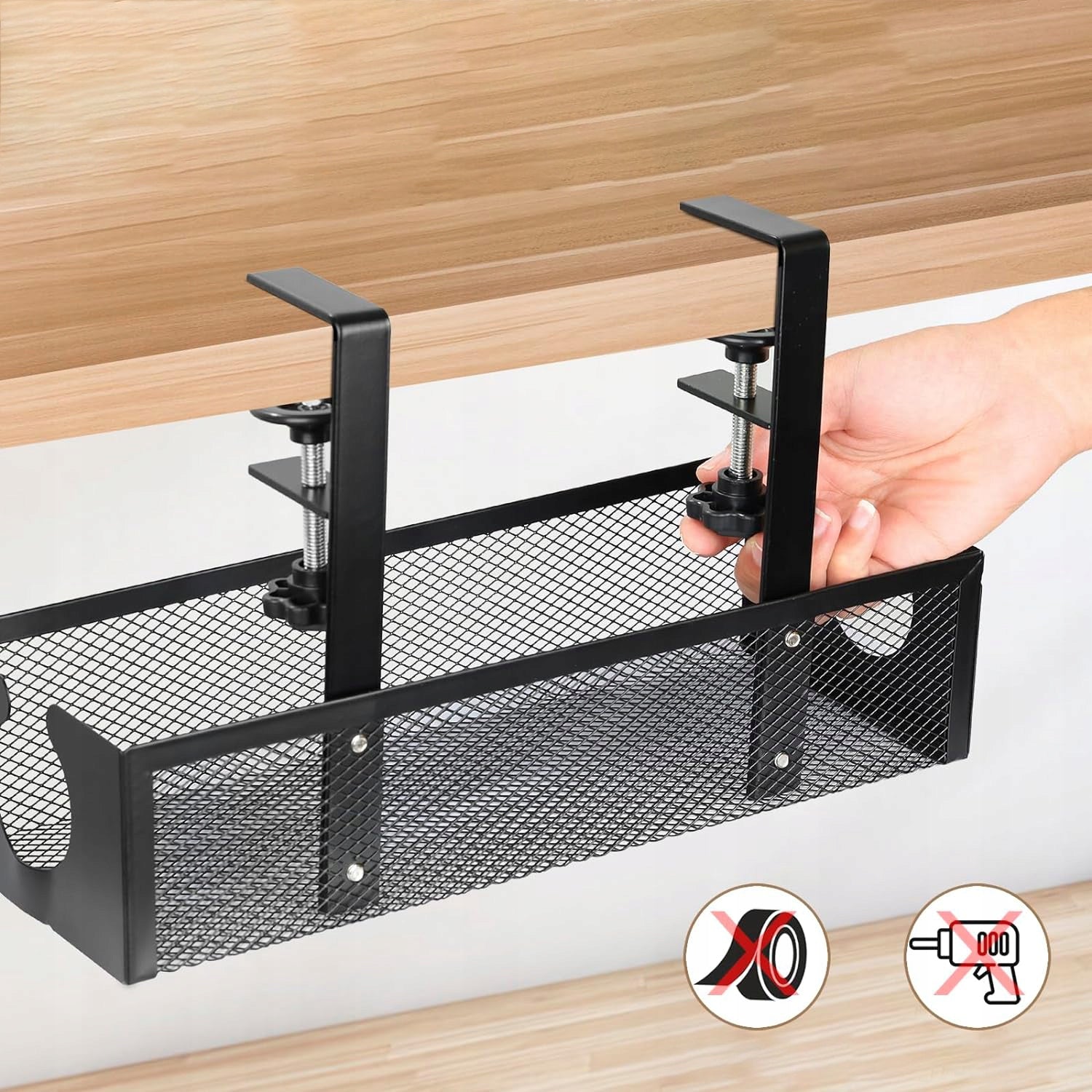 SCREWLESS DENSE MESH UNDER DESK BASKET FOR CABLE MANAGEMENT Packaging status original