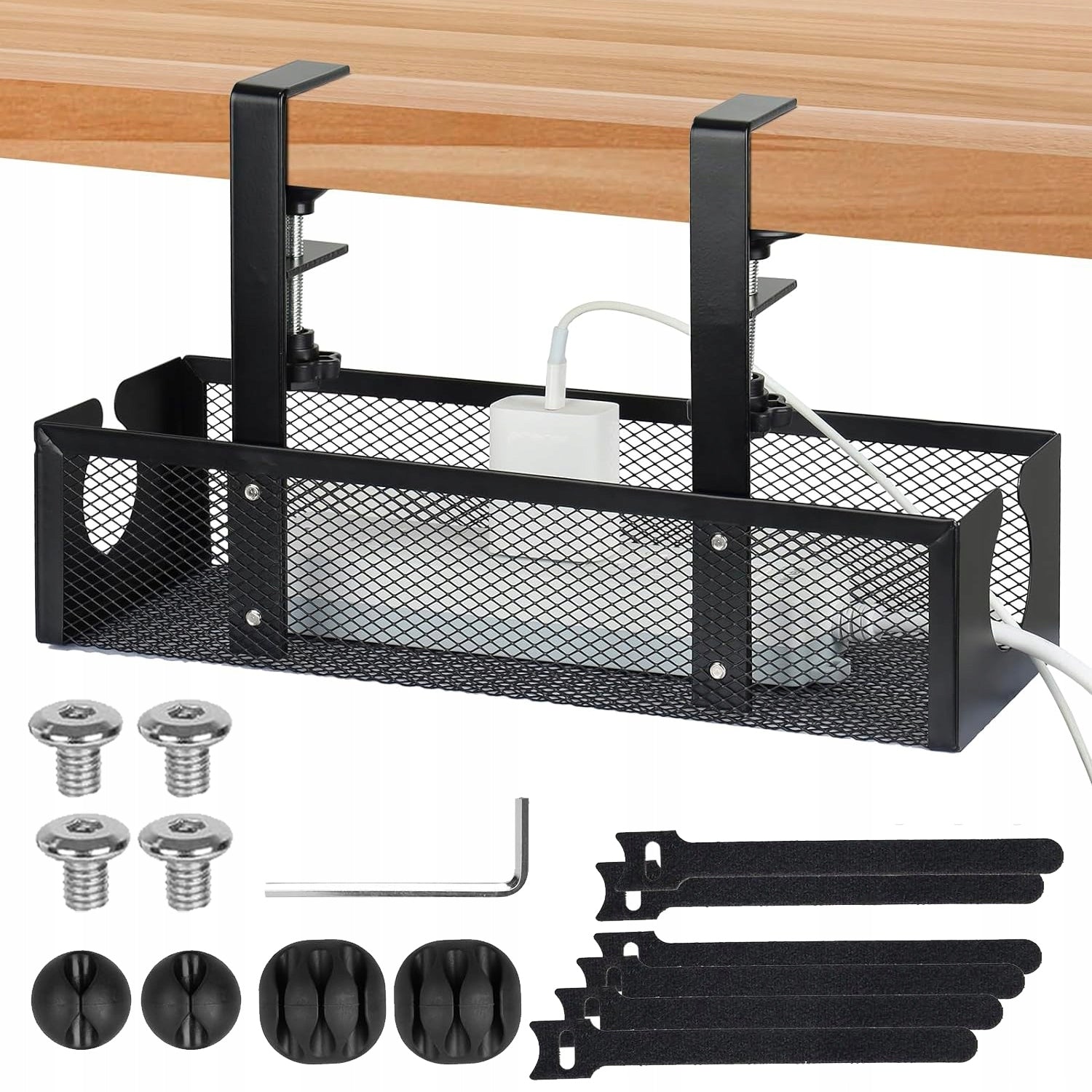 SCREWLESS DENSE MESH UNDER DESK BASKET FOR CABLE MANAGEMENT