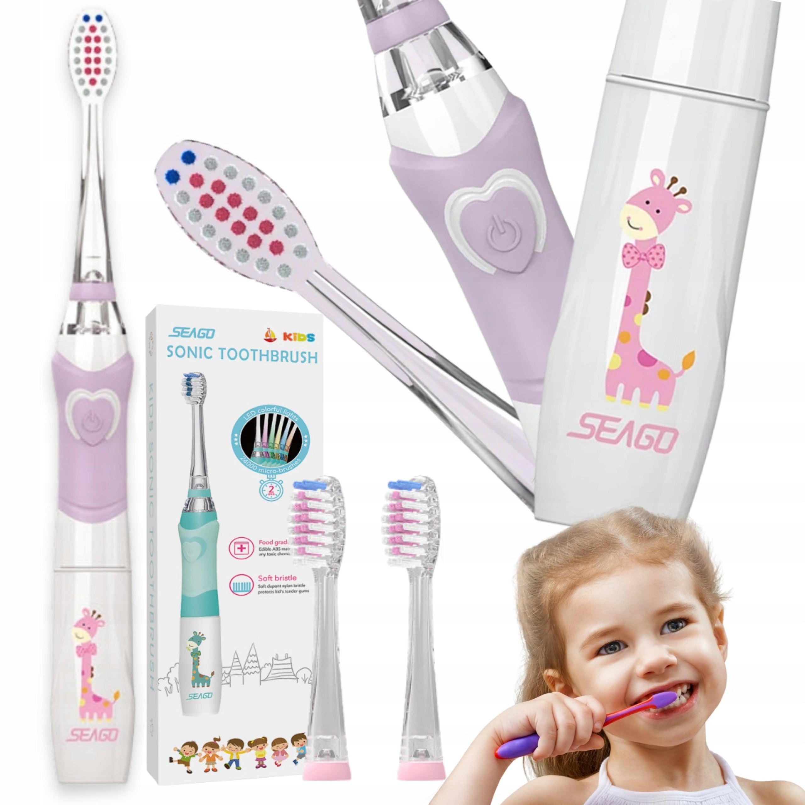SEAGO PINK SONIC TOOTHBRUSH FOR CHILDREN TIMER LED 3 TIPS