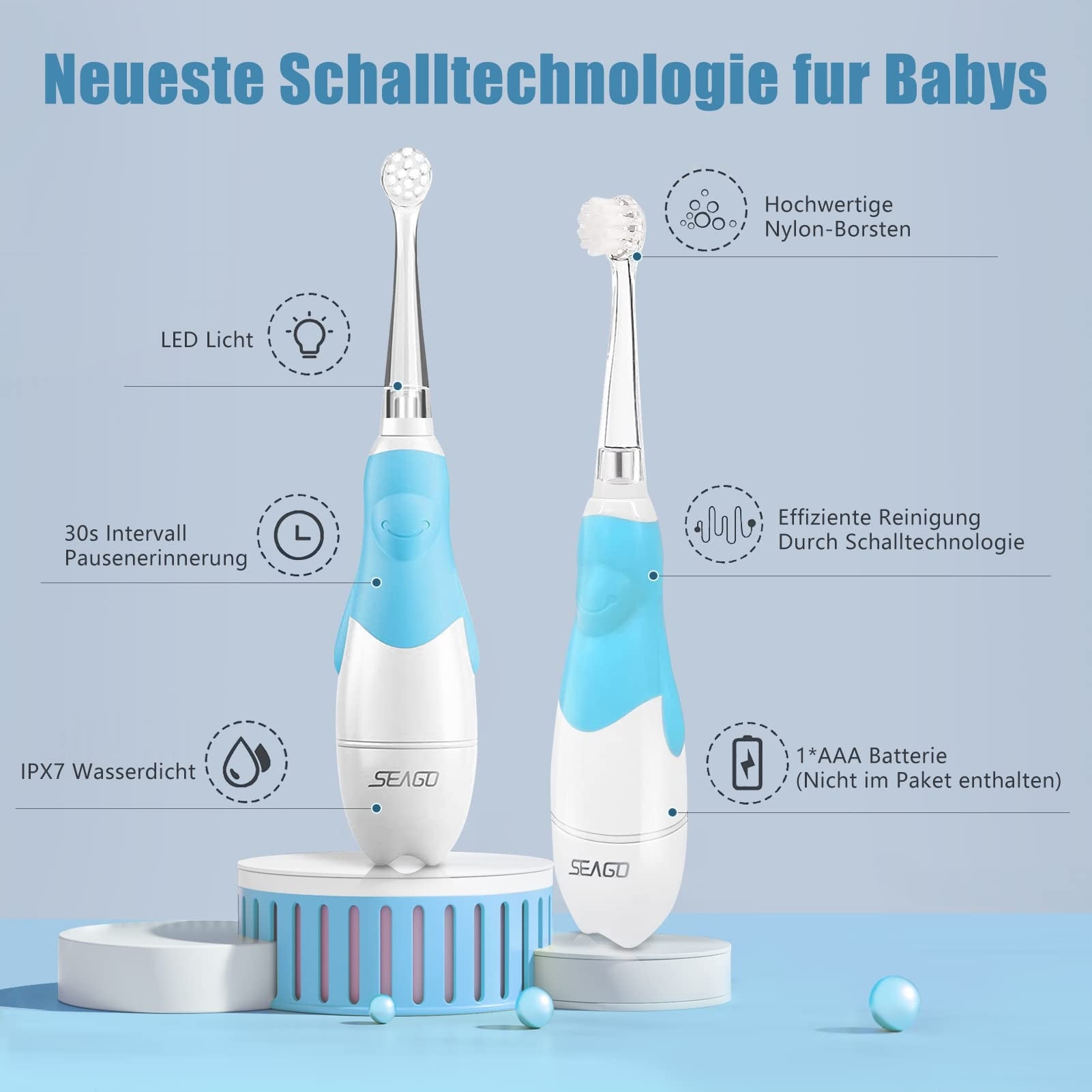 SEAGO SG-513 Electric Baby Toothbrush LED Timer IPX7 Blue Brand Seago