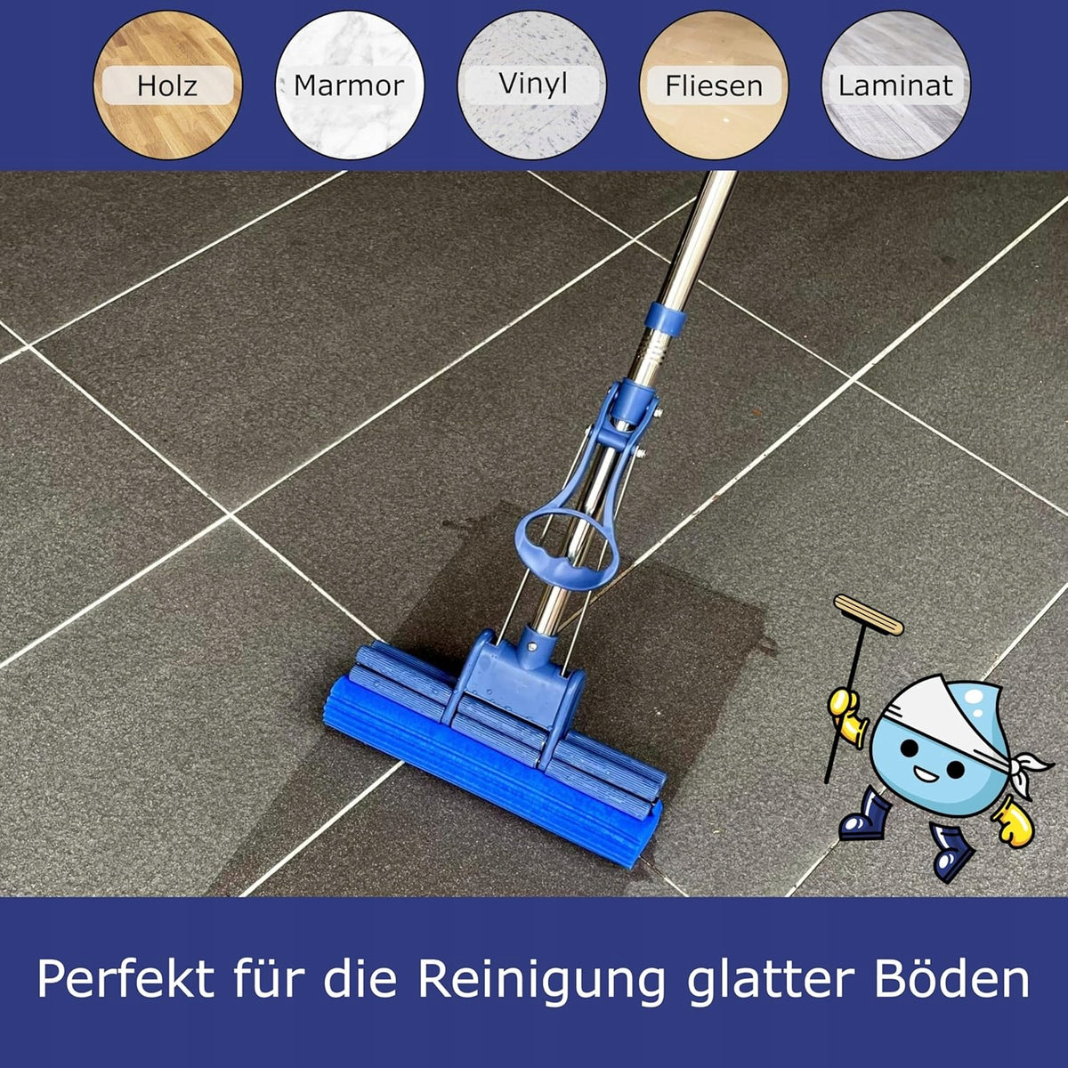 SECTIONAL MOP STEEL ONE-TOUCH SPONGE PVA PARQUET TILE Brand CleanAid