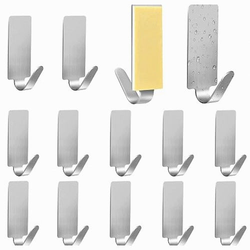 SELF ADHESIVE HOOKS STAINLESS STEEL FOR BATHROOM KITCHEN 12 PACK STEEL