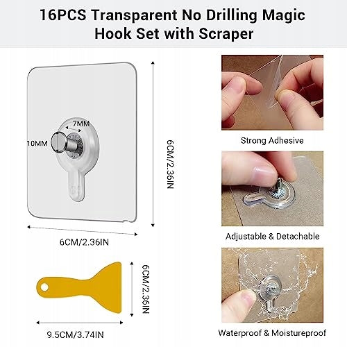 SELF-ADHESIVE HOOKS TRANSPARENT FOR WALLS SET OF 16 SCRAPER Manufacturer code Bez marki