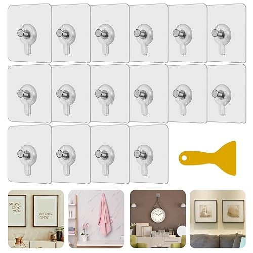 SELF-ADHESIVE HOOKS TRANSPARENT FOR WALLS SET OF 16 SCRAPER