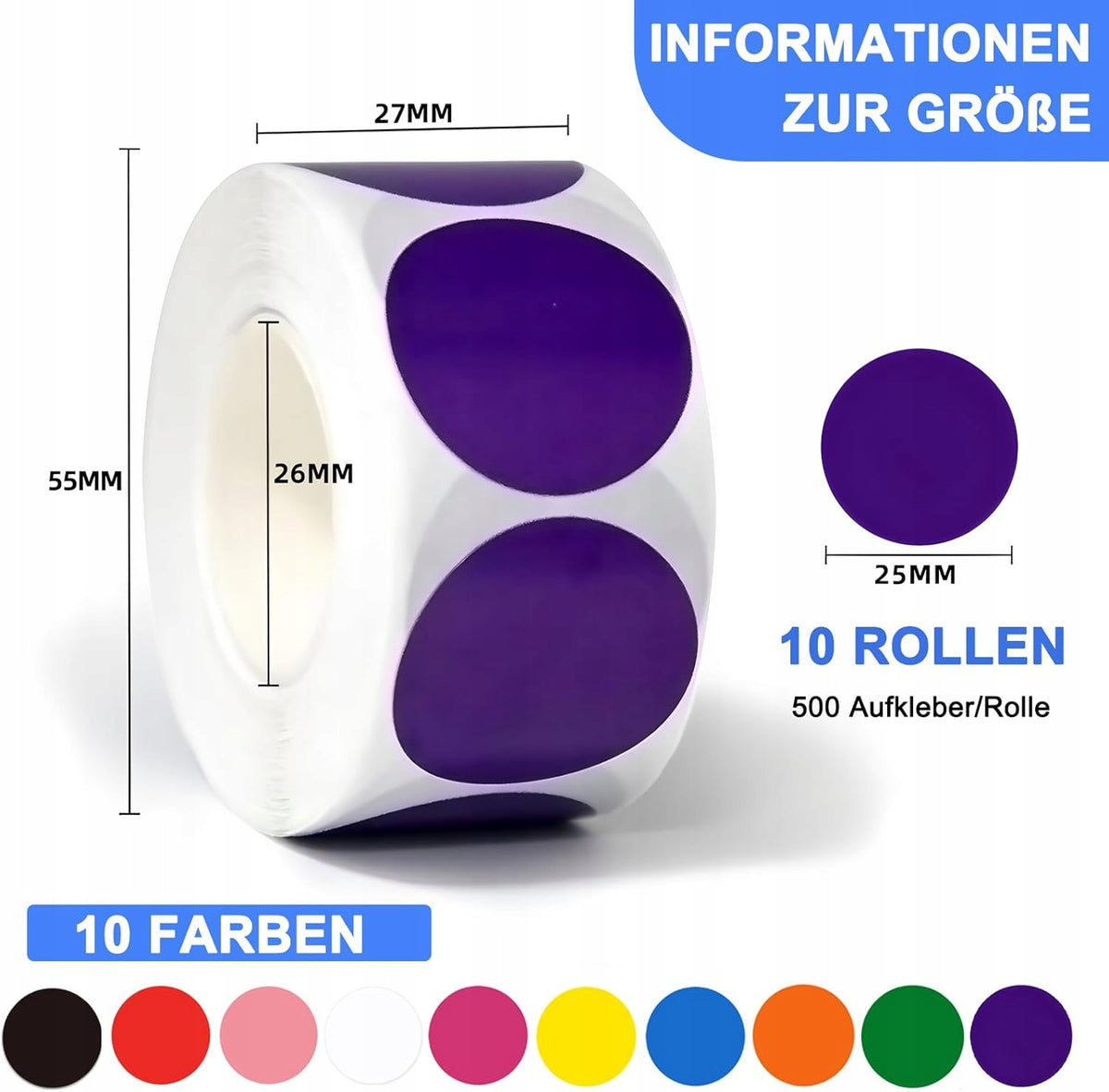 SELF-ADHESIVE STICKERS DOTS 25MM 5000 PIECES 10 COLORS ROLL Label length 2 mm