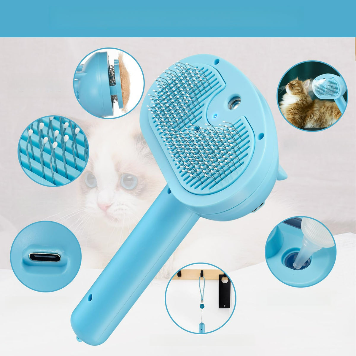 SELF-CLEANING STEAM BRUSH FOR CATS AND DOGS - BLUE LIGHT Manufacturer code SZCZOTKA PAROWA DO SIERŚCI KOTA - NIEBIESKA