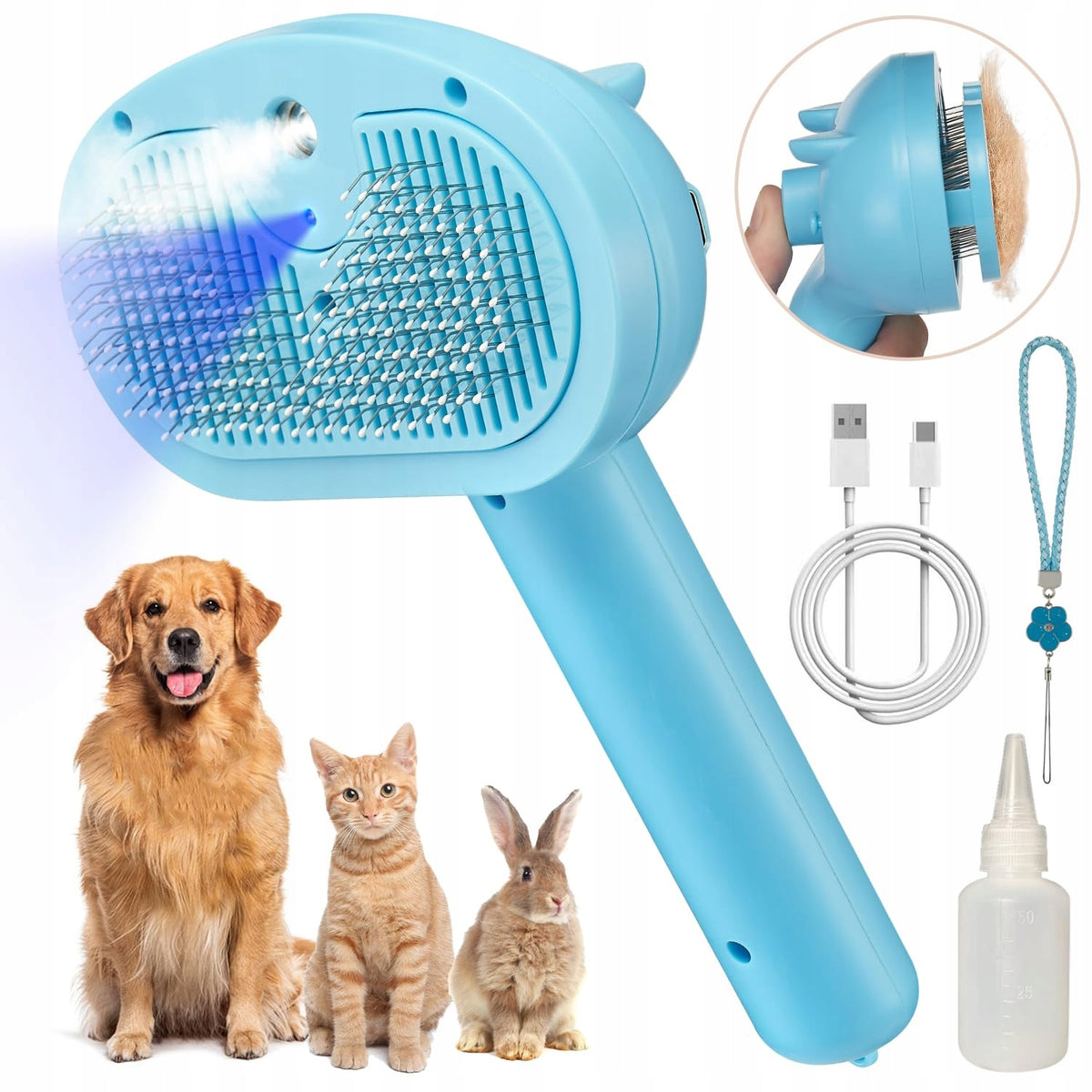 SELF-CLEANING STEAM BRUSH FOR CATS AND DOGS - BLUE LIGHT