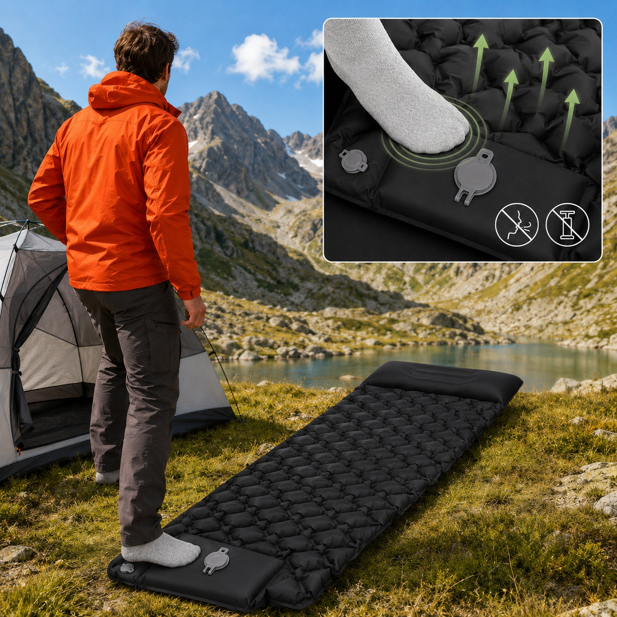 SELF-INFLATING MATTRESS HIKING BUILT-IN FOOT PUMP pillow cover Packaging status original