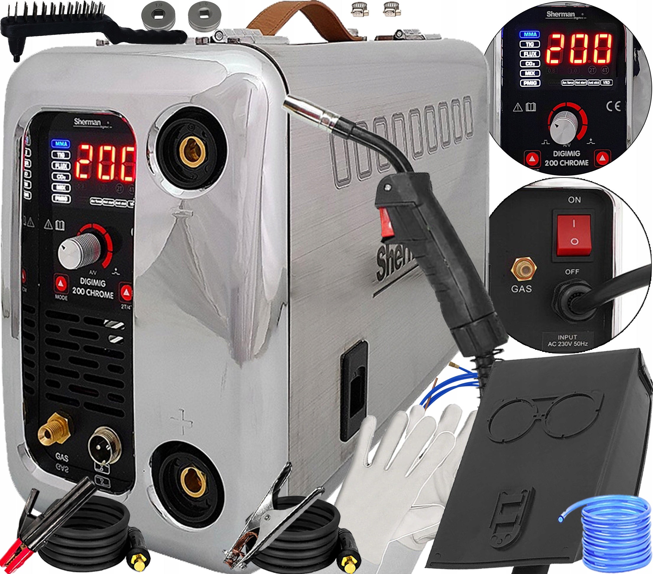 SEMI-AUTOMATIC INVERTER WELDING MACHINE SHERMAN DIGIMIG 200 CHROME 230V 200A PULS++
