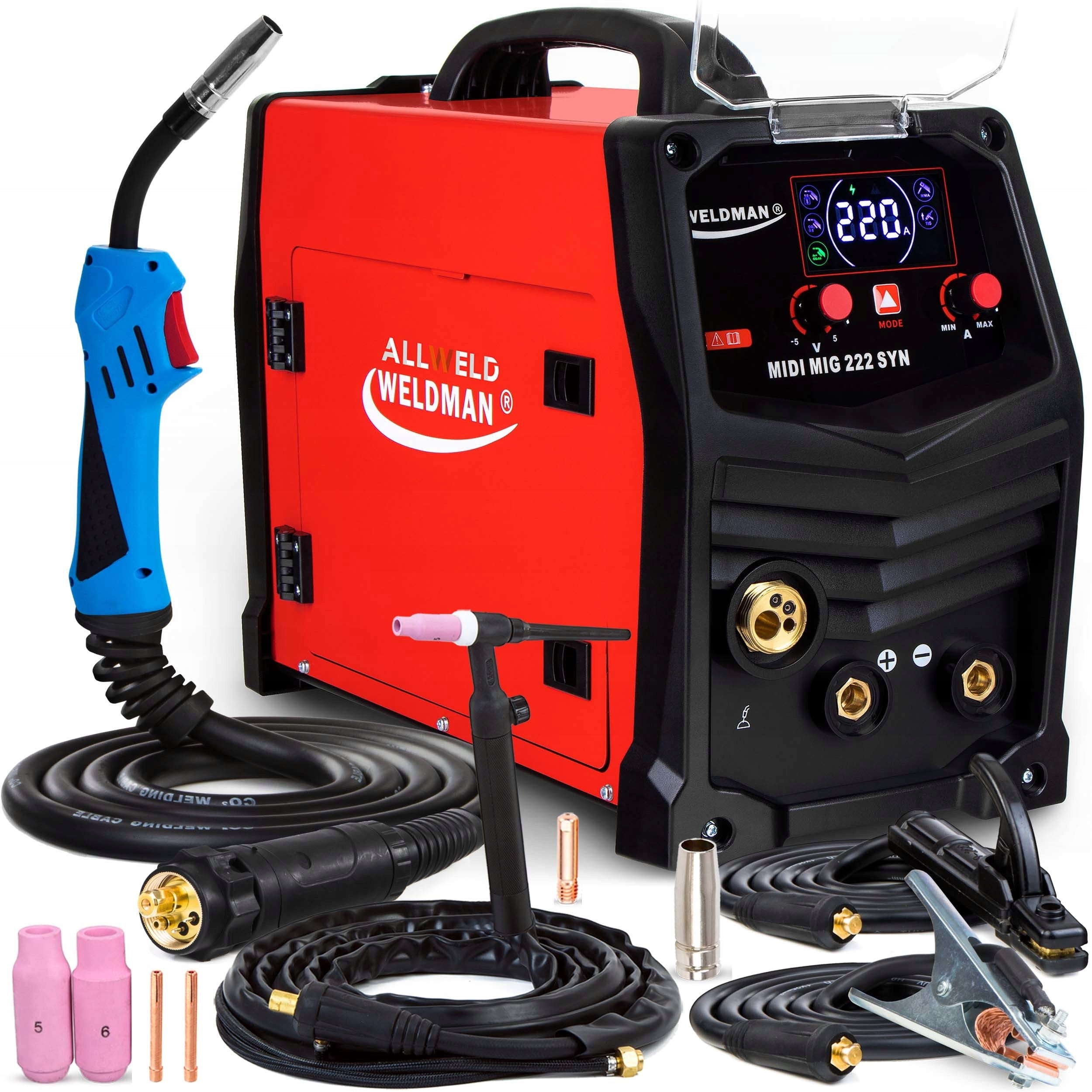 SEMI-AUTOMATIC WELDING MACHINE WELDMAN MIDI MIG 222 SYN MMA TIG 230V 220A IGBT FLUX