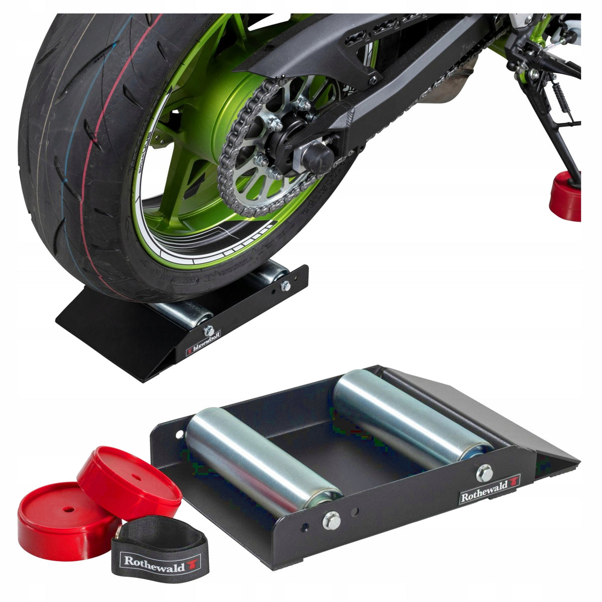 SERVICE ROLLERS FOR THE REAR WHEEL OF THE MOTORCYCLE OVERRUN ROTHEWALD
