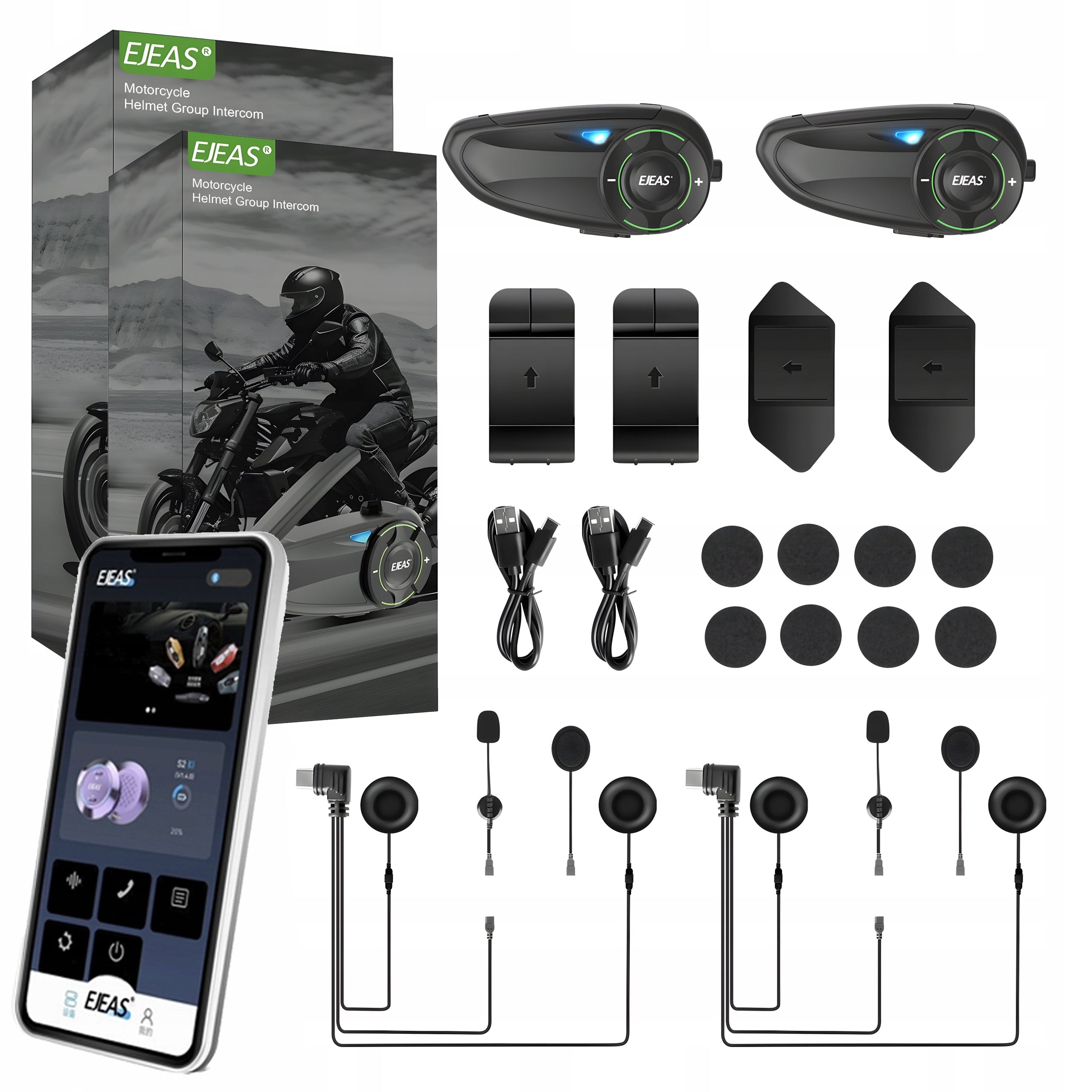 SET 2x Motorcycle Intercom EJEAS Q8 Mesh 3.0 6 person 1000m 230h