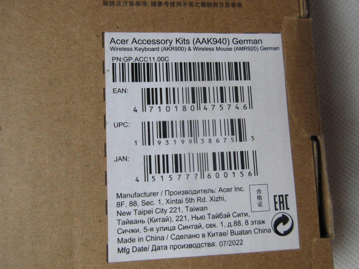 SET ACER AKK940 KEYBOARD PLUS WIRELESS MOUSE BLUETOOTH NEW REAL Manufacturer code AAK940