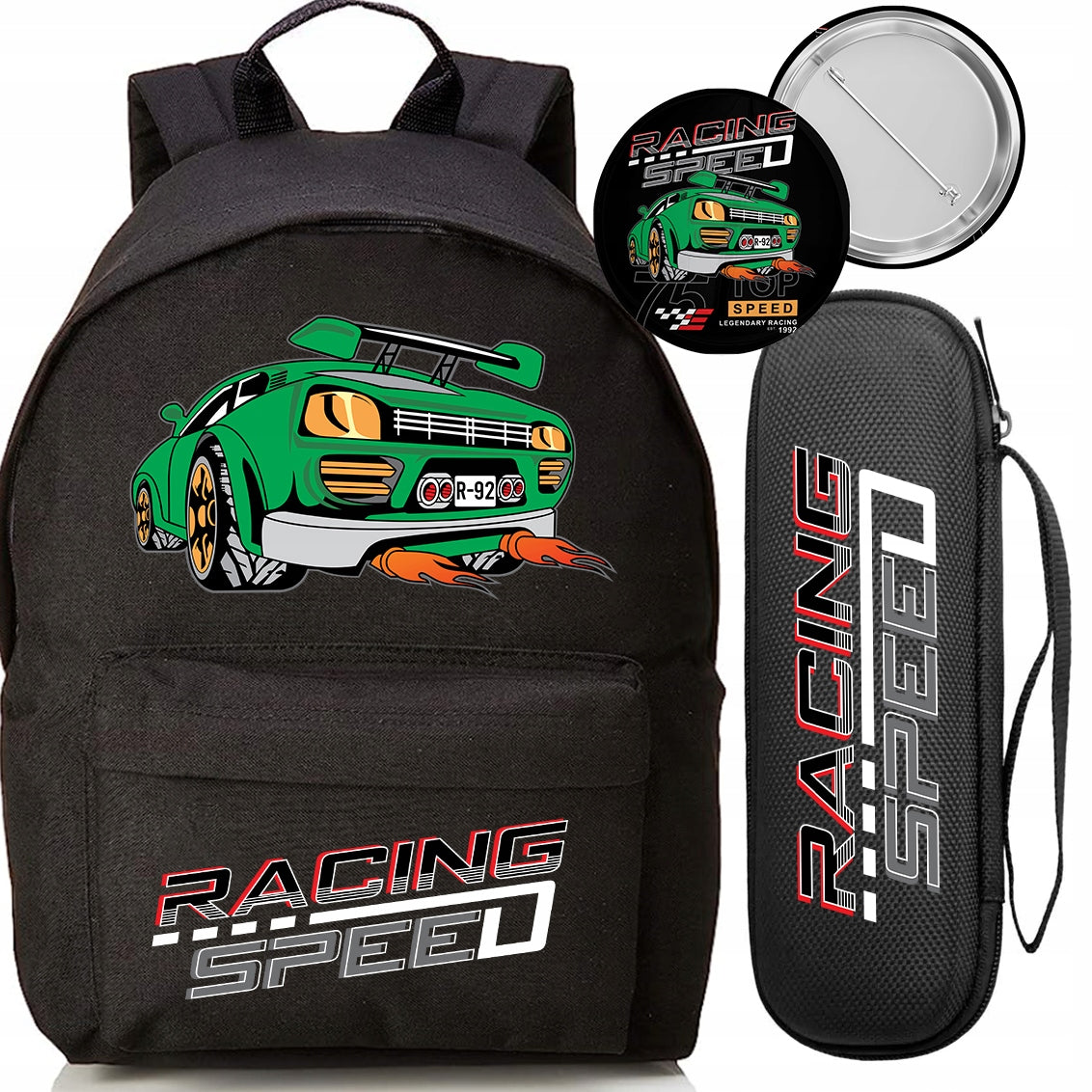 SET BACKPACK BLACK PENCIL CASE PIN RACING SPEED YOUTH CAR